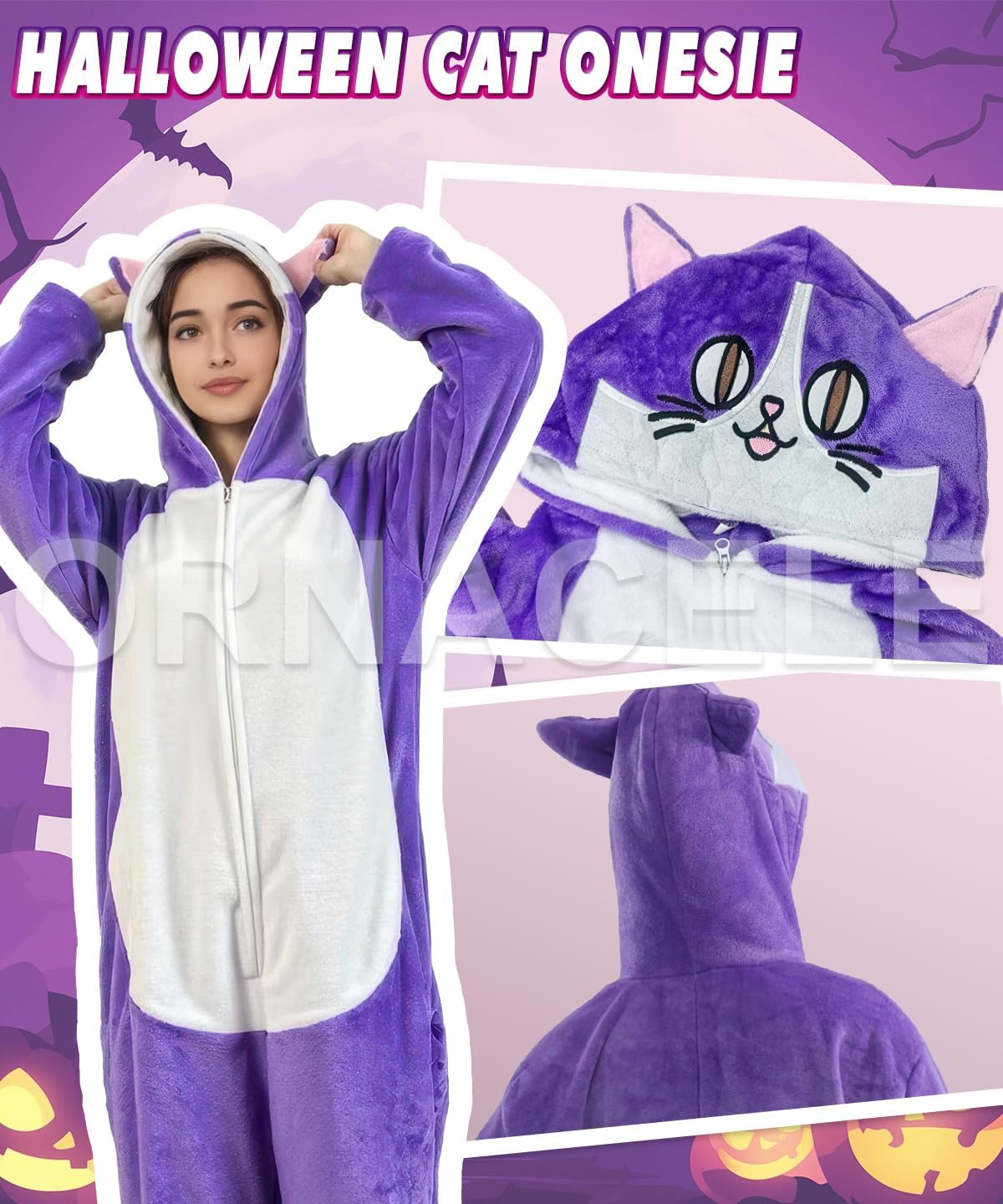 Halloween Onesie Pajamas - Zipper Hooded Soft Purple Cat Pajamas Cosplay Costume - XL