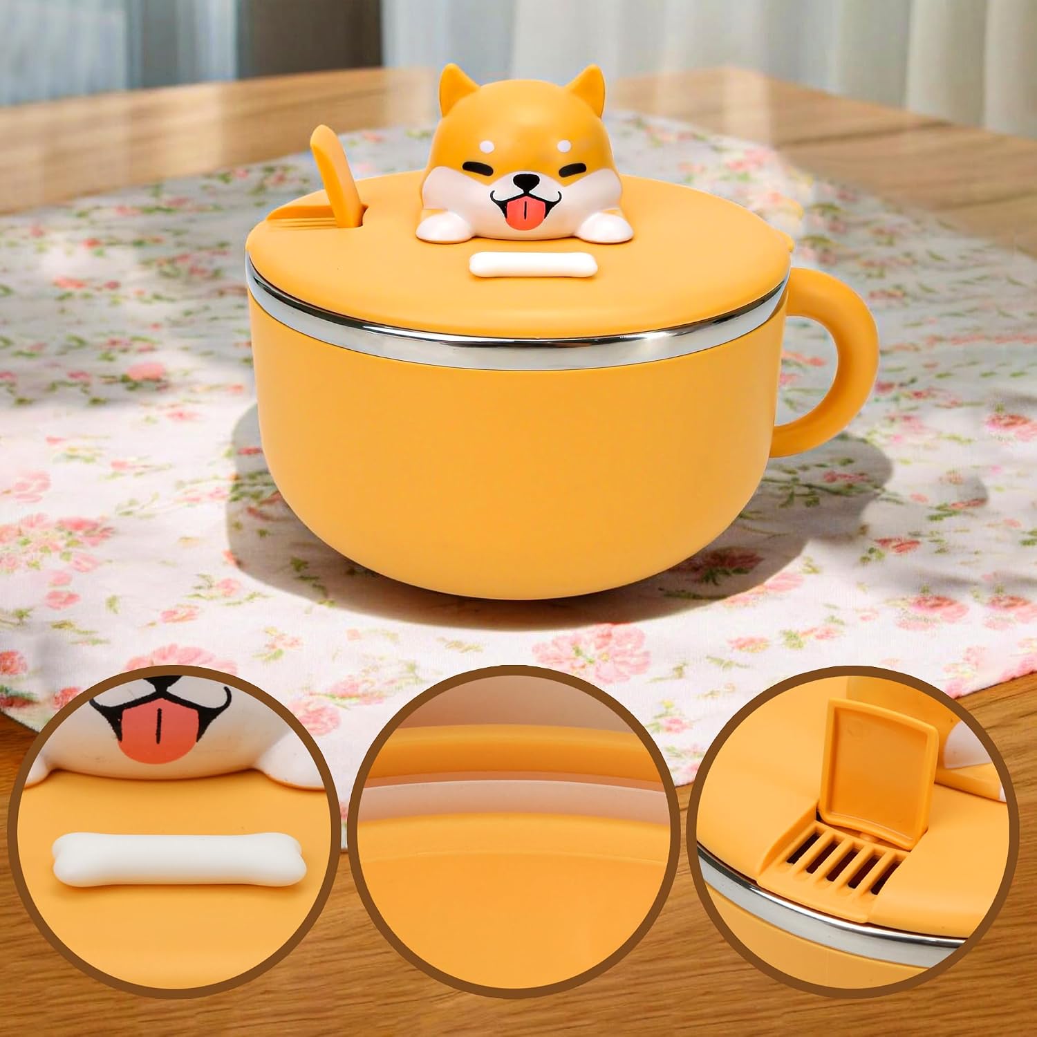 Cute Dog Ramen Bowl with Lid, 40.6 OZ (1200ml) Insulated 304 Stainless Steel Noodle and Soup Bowls with Handle, Spoon, Portable Instant for Noodles, Udon, Miso, Thai, Pho, Dumplings, or Salads image 4