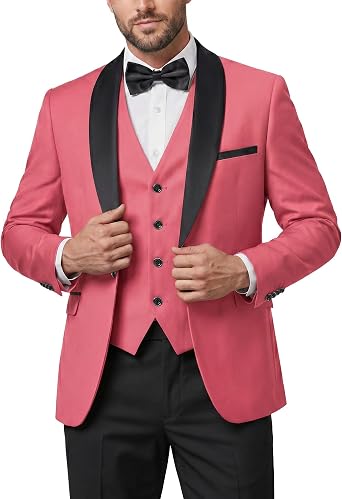 Mens Slim Fit 3-Piece Tuxedo Set, One Button Shawl Collar Jacket Vest Pants for Party, Business and Wedding