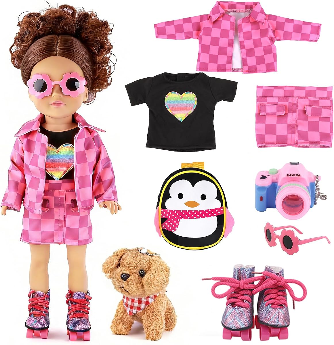 Juego de ropa y accesorios para muñecas americanas de 18 pulgadas – Incluye abrigo a cuadros rosa, camiseta con forma de corazón, zapatos de patinaje, perro, mochila de pingüino, cámara, gafas y más – Perfecto para muñecas de 18 pulgadas (sin muñeca)