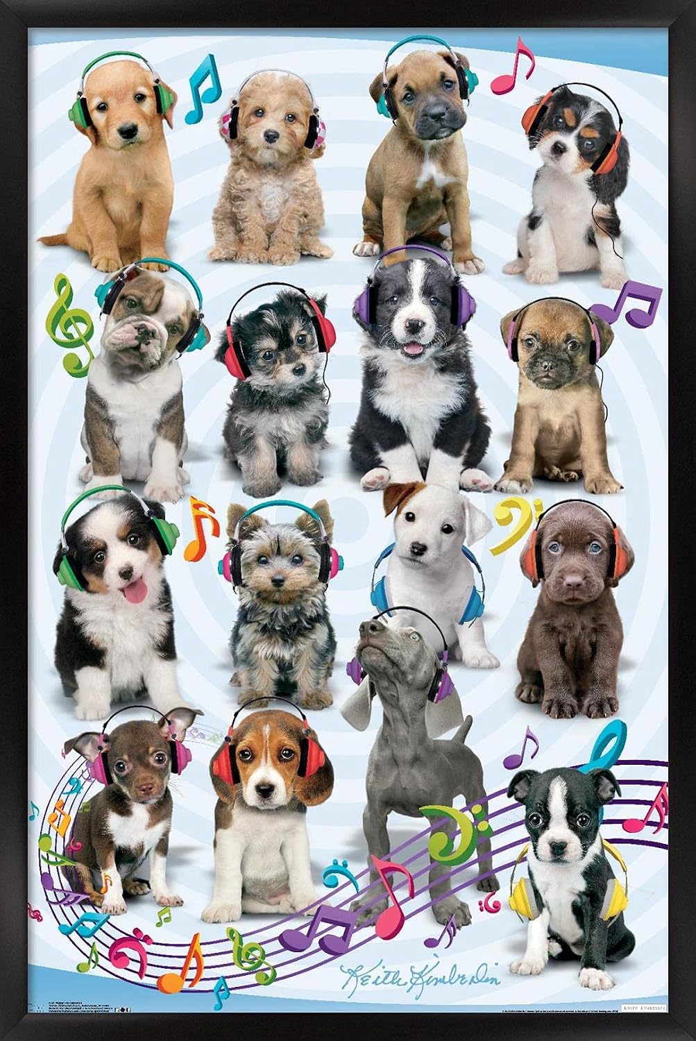 Trends International Keith Kimberlin - Puppies - Headphones Wall Poster, 22.375" x 34", Black Framed Version