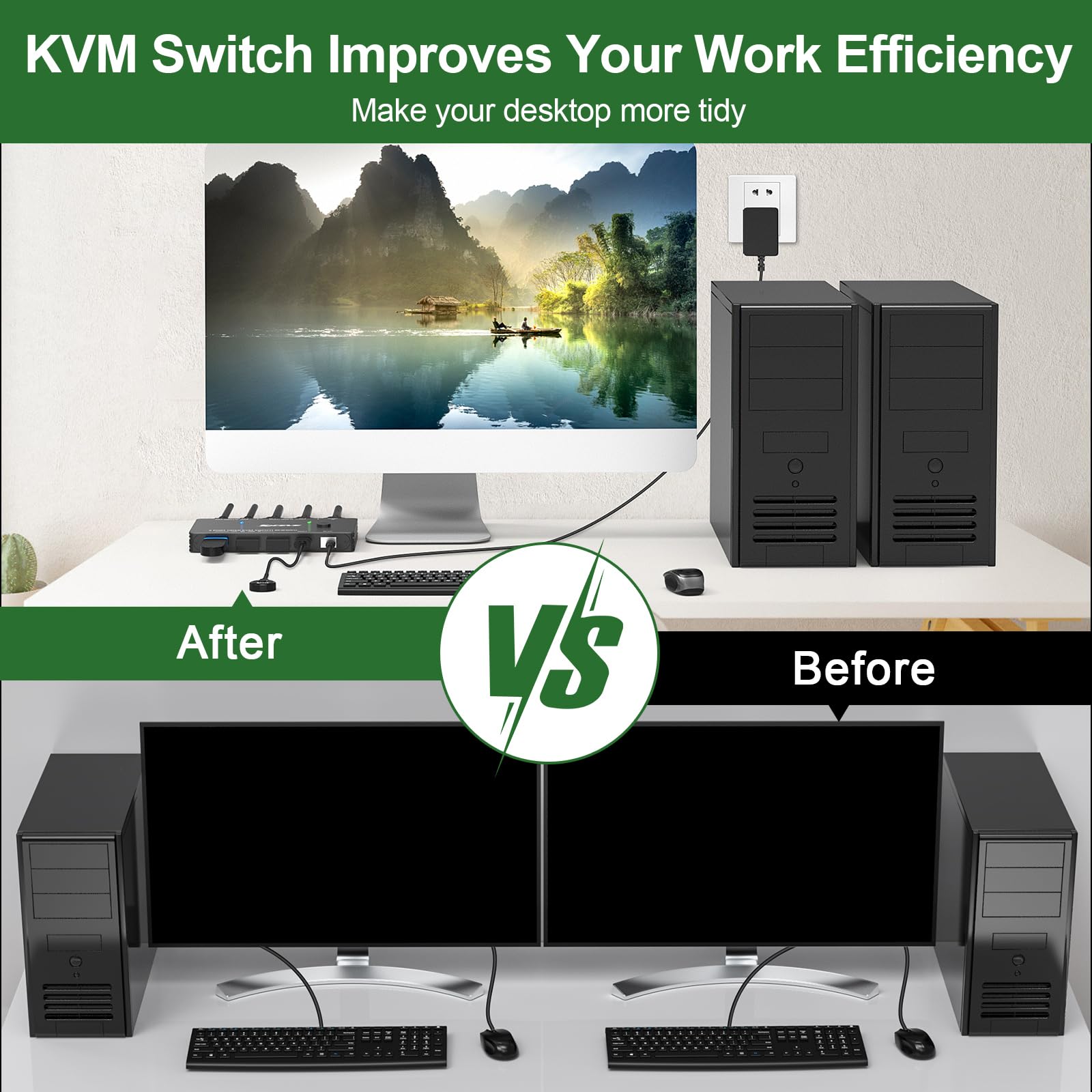 Conmutador KVM HDMI para 2 ordenadores, 1 monitor, 8K @ 60Hz/4K @ 120Hz Conmutador KVM para 2 PC, 1 monitor y dispositivos USB 3.0, con cables USB, controlador y adaptador de alimentación (HDMI