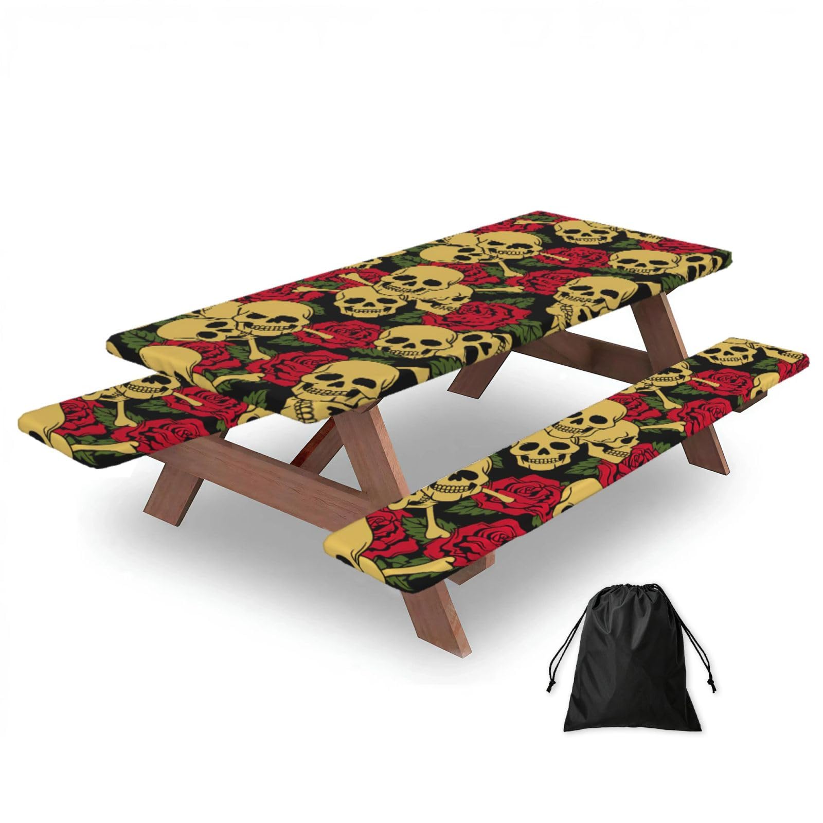 Yqxwjl Black Rose And Skull Print Camping Essentials Waterproof Camping Table And Bench Cover With Drawstring Bag 183 Cm
