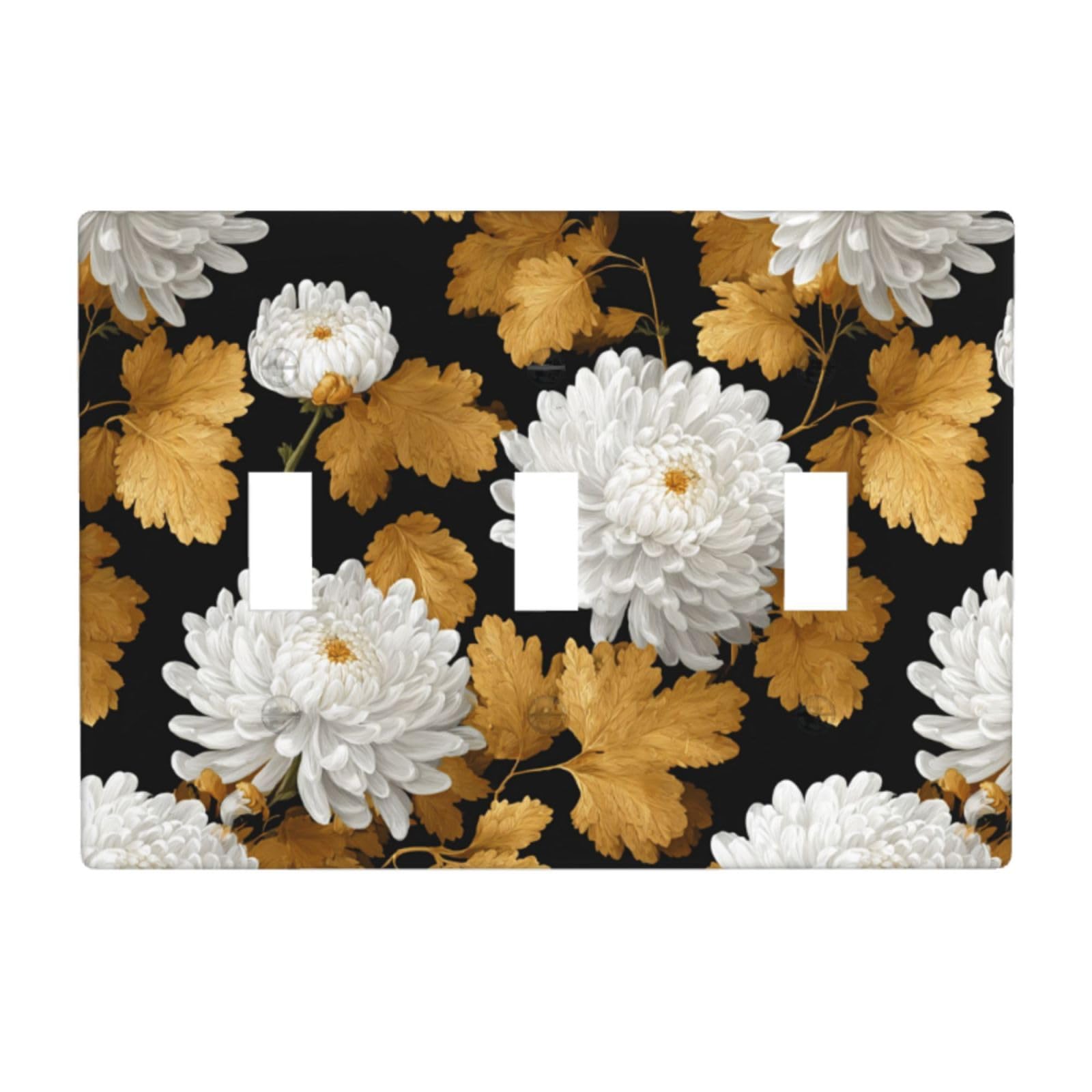 Woshuwo White Chrysanthemum Flowers Golden Leaves Light Switch Covers 3 Gang Triple Toggle Wall Plate Switchplate Electrical Faceplate For Bathroom Kitchen Bedroom Decor