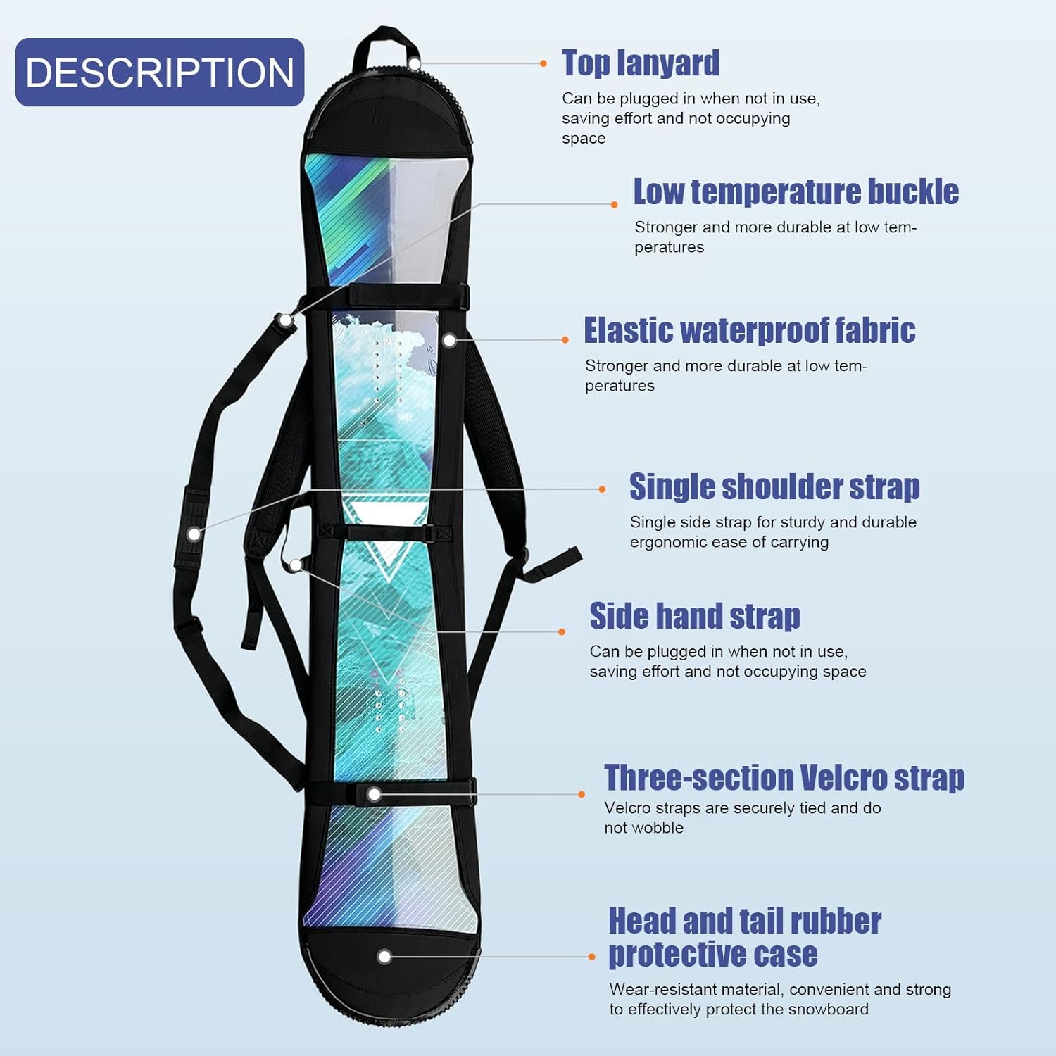 Snowboard Protection Cover Accessories, Snowboard Protection Soft Cover Bag, Snowboard Straps with Board Head Bumper Reinforcement, Elastic Waterprooffabric, Low Temperature Buckle