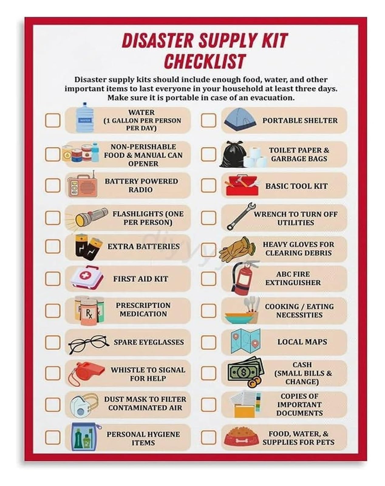ZDVHOMCB Disaster Preparedness Emergency Kit Checklist Poster Hurricane Earthquake Canvas Wall-Art Decor Print