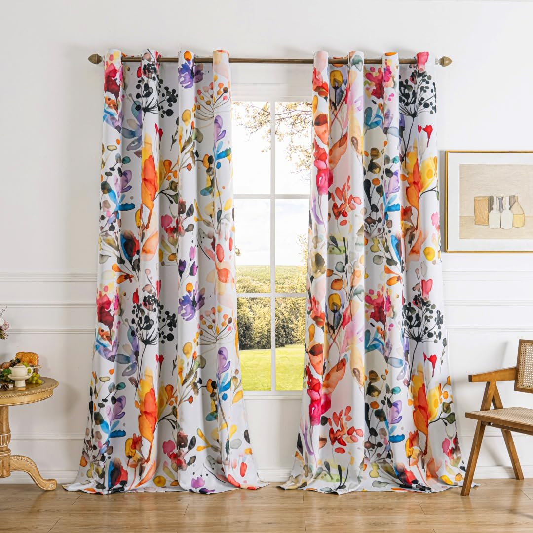 Floral Blackout Curtains 95 inch Length 2 Panel Set 52x96,Colorful Flower Rusitc Garden Pattern Print Room Darkening Thermal Insulated Drapes Window Curtains for Bedroom Living Room Decor