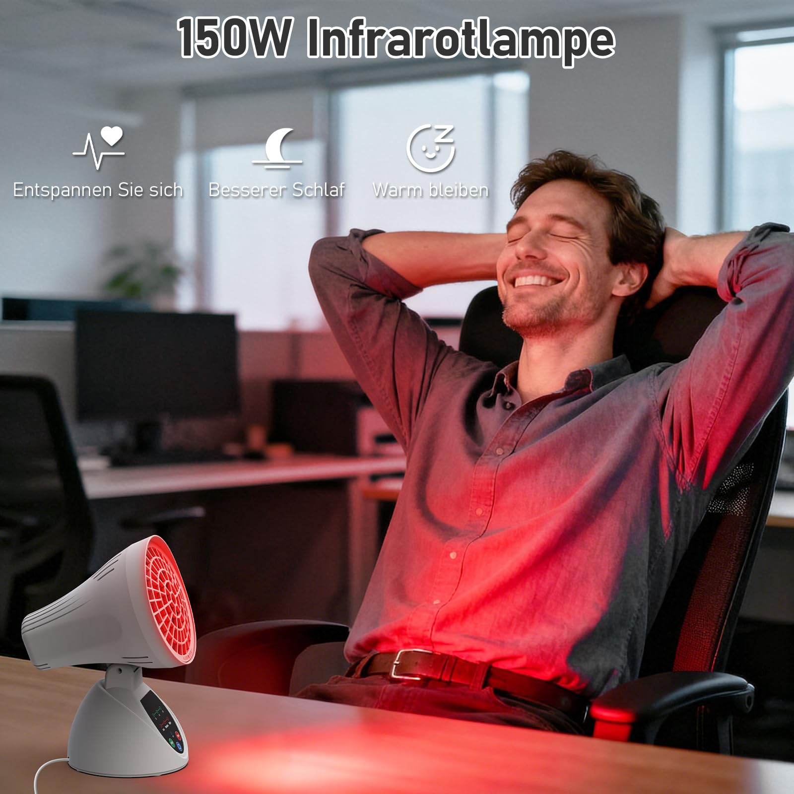 Rotlichtlampe 150W, Infrarotlampe mit 3 Temperaturstufen, 30/45/60 Min Timer, Winkelverstellbar, Kippschutz mit Automatischer Abschaltung für Büro & Zuhause