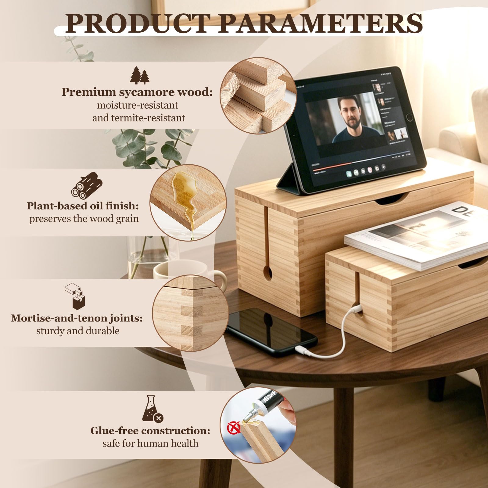 2 PCS Caja Organizadora Cables Madera con Velcro, Esconder Cables y Regletas, Caja Recoge Cable Escritorio, Grande et Pequefia, Cable Management Box, Ocultar, Natural