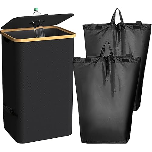 Kitchen Recycling Bin 100L, Indoor Recycling Bins 26 Gallon Large Recycle Bin with Lid and Two Reusable Removeable Inner Bags for Recycling Glass, Paper Plastic, Metal Empty Bottles and Clothes