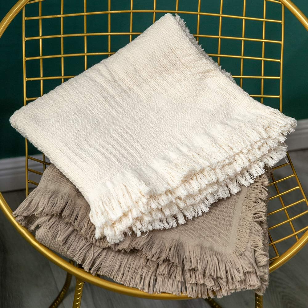 100% Cotton Throw Blanket in Cream Jacqard Weave Fabric with Fringe Soft All Season Cover for Bed Couch and Living Room Sofa,Chair 50x60 Inches - Image 6