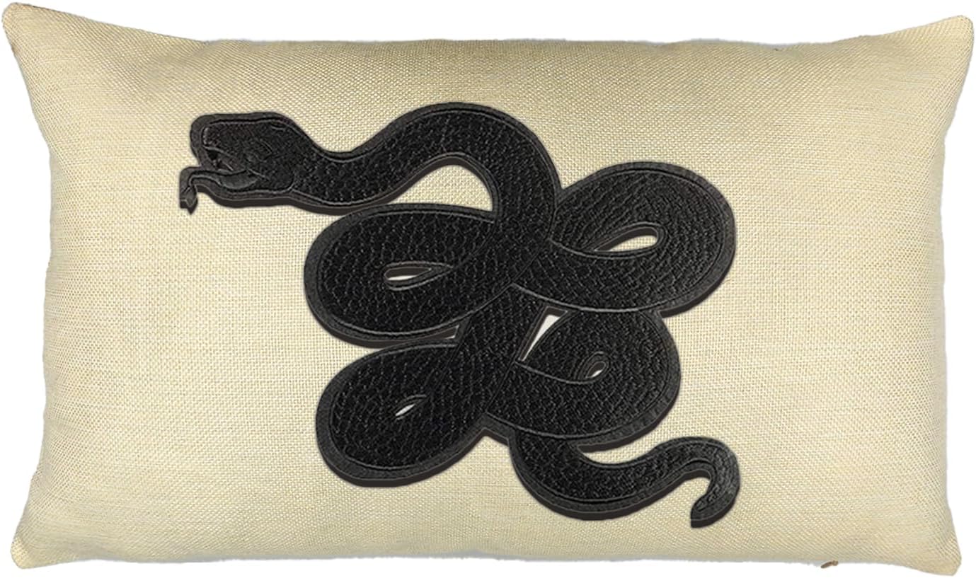 Snake Embroidered Throw Pillow Cover, Modern Gothic, Linen, 12 x 20 inches, White with Black Design (2, White, 18X18)