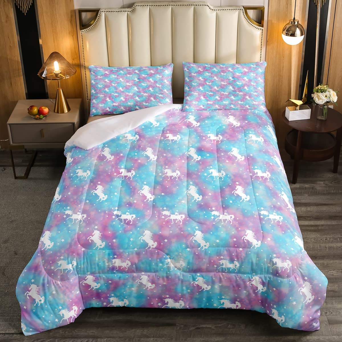 Loussiesd Unicorn Duvet Set for Kids Toddler Unicorn Bedding Set for Boys Girls Blue Purple Quilted Down Comforter Double Size