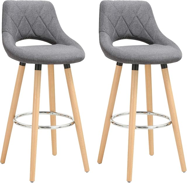 WOLTU Breakfast Kitchen Counter Bar Stools Set of 2 pcs Linen Seat Bar Chairs Wood Legs Barstools Dark Grey High Stools
