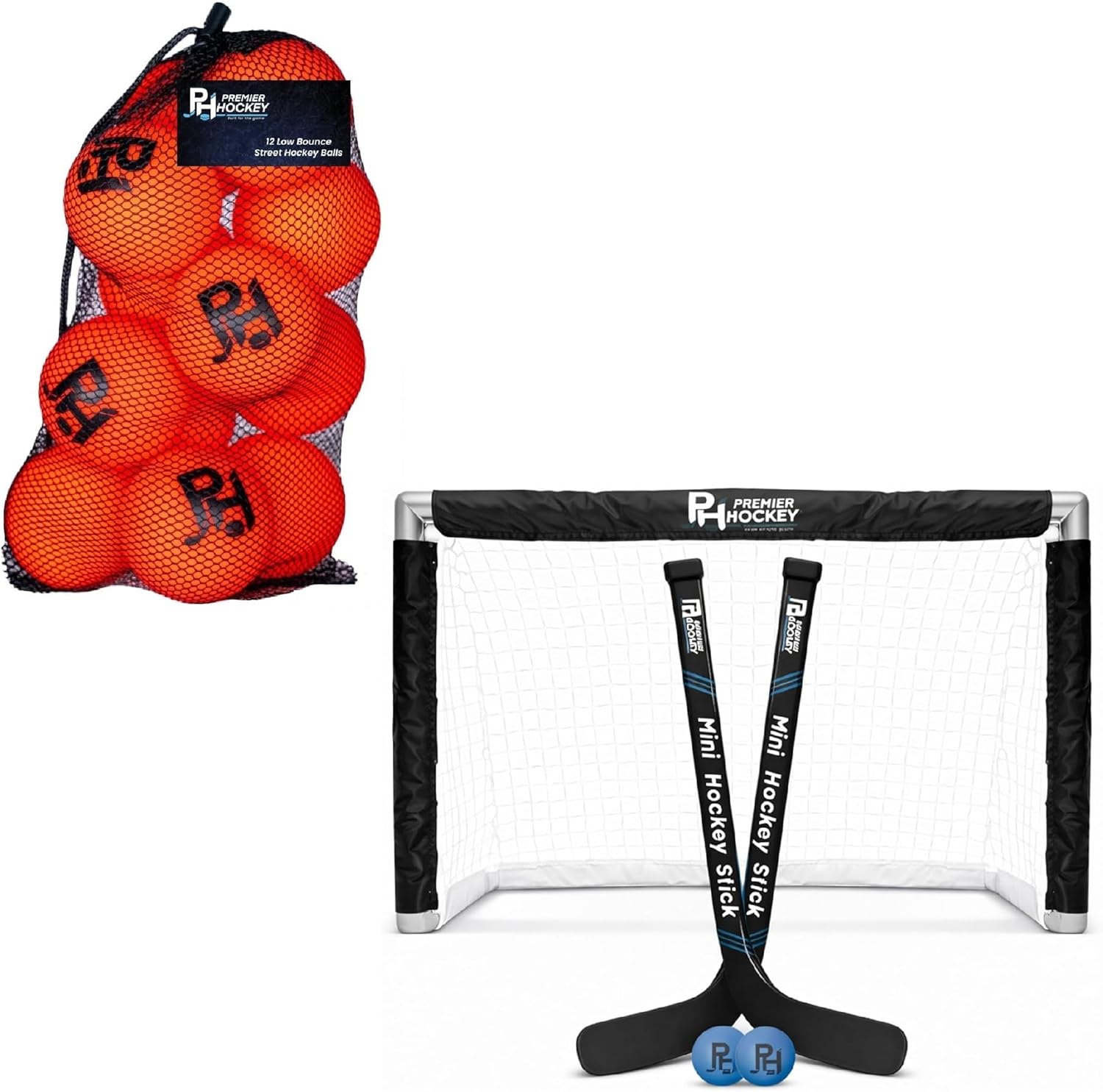 Premier Sports – Bundle Knee Hockey Set – 2-Player Indoor Kit with (1) Mini Goal, (2) Mini Sticks, and (2) Foam Balls + 12-Pack All-Weather Street Hockey Balls
