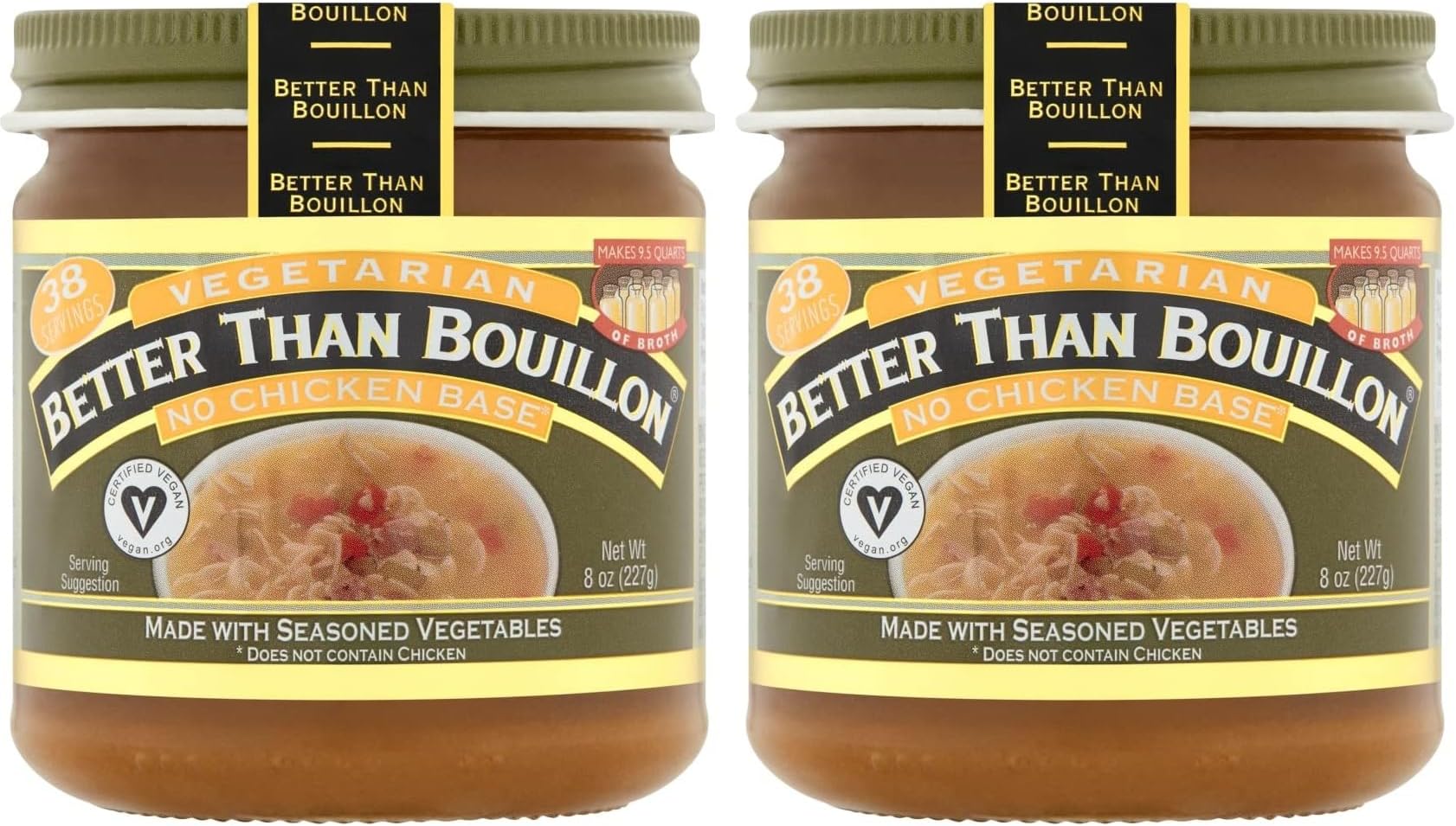 Better Than Bouillon Vegetarian No Chicken Base, Made with Seasoned Vegetables, Certified Vegan, Makes 9.5 Quarts of Broth, 38 Servings, 8 OZ Jar (Pack of 2)