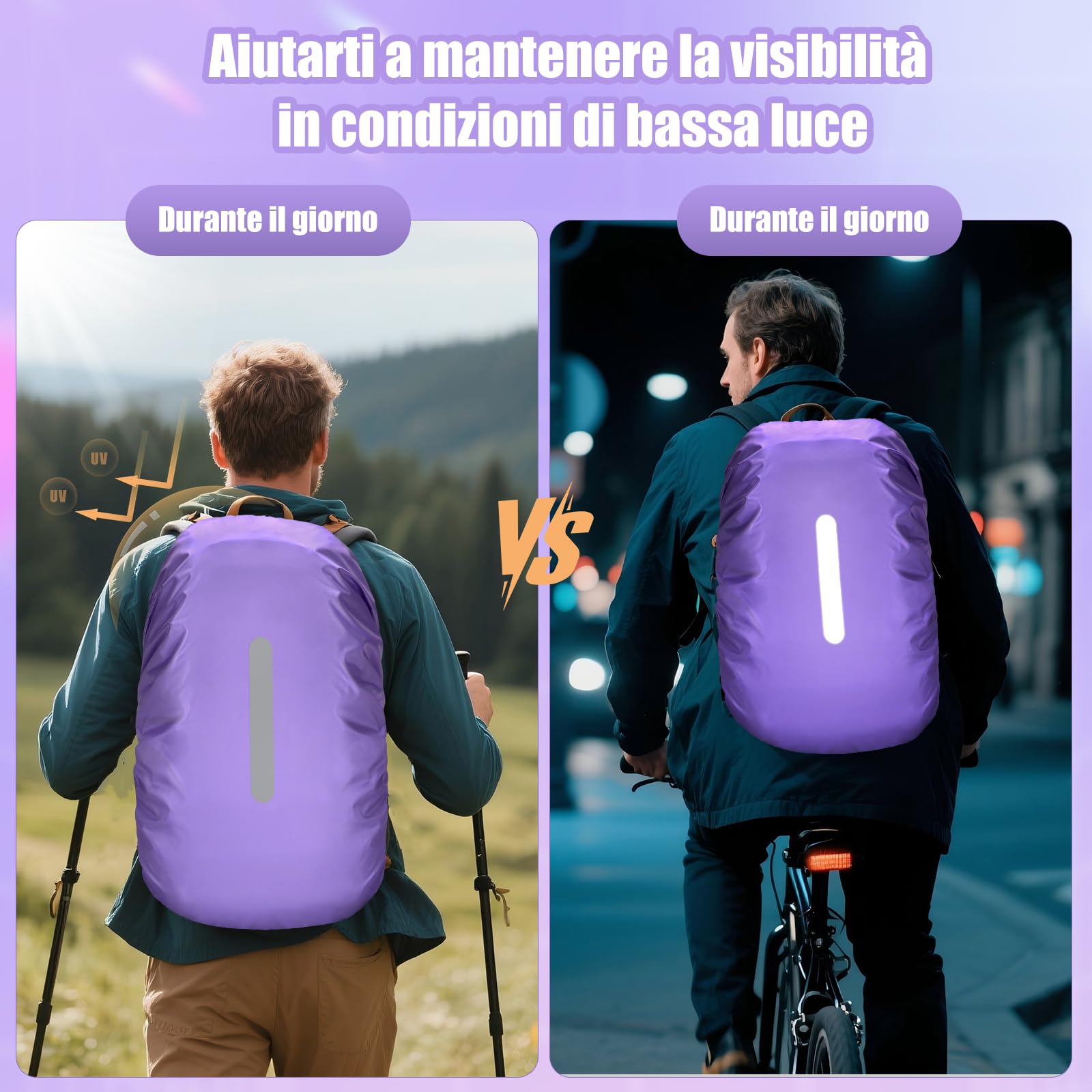 2 Pezzi Coprizaino Impermeabile con Strisce Riflettenti, Parapioggia per Copri Zaino, Antipioggia Coprizaino Trekking Impermeabile, Copertura Zaino Antipioggia per Trekking, Viaggio, 40L-50L