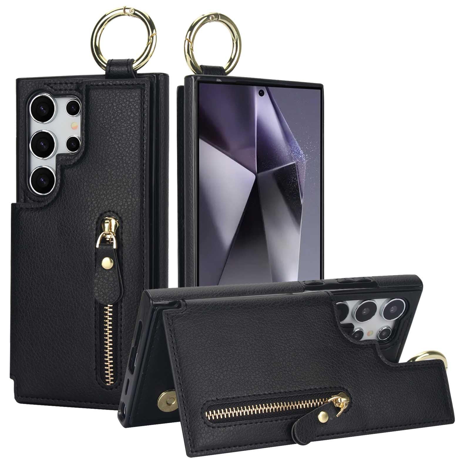 Skórzane etui do Samsung Galaxy S25 Ultra/S25 Plus/S25, faktura liczi gniazdo na kartę wąska osłona pierścień na palec powłoka zapobiegająca upadkowi, czarny, S25