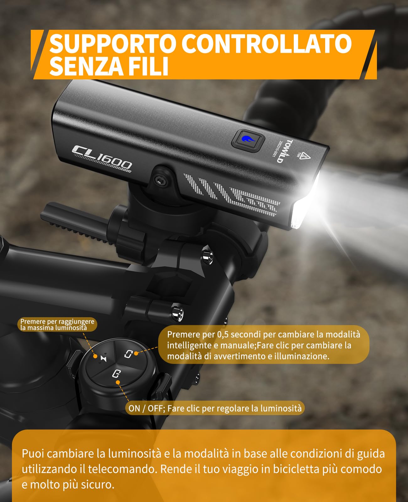 towild CL1600 Luce Anteriore Bici 1600 Lumen, Luce Bici LED Ricaricabile 5000mAh Power Bank, USB-C, Intelligente con Sensore Vibrazioni, IPX6, per MTB, Bici da Corsa e Bicicletta Urbana