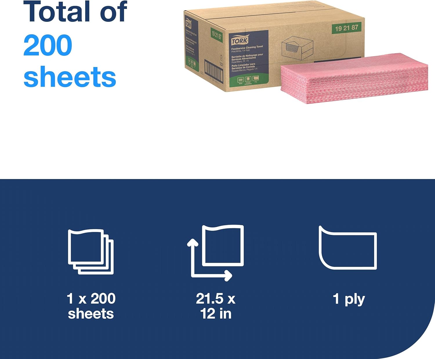 Tork Foodservice Cleaning Towel Pink and White, 1/4 Fold, 1 x 200 Towels, 192187