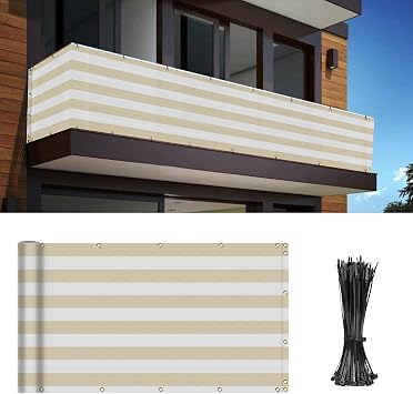 Balcony Privacy Fence Screen 3 x 15 Mesh Windscreen Fencing Shield Cover Included Cable Ties for Deck Apartment Porch Backyard Patio Outdoor, Beige White Strip