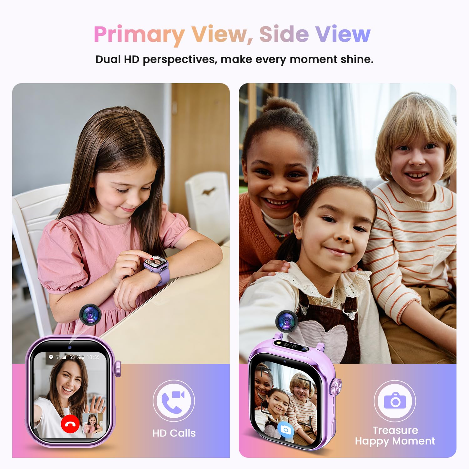 4G Montre Connectée Enfant avec GPS, Double Caméra, Appel Vidéo, SMS, Chat Vocal, SOS, Mode Classe, Réveil, Lampe Torche, IP68, Podomètre, Cadeau pour Garçons Filles, Violet - Garantie 3 Ans