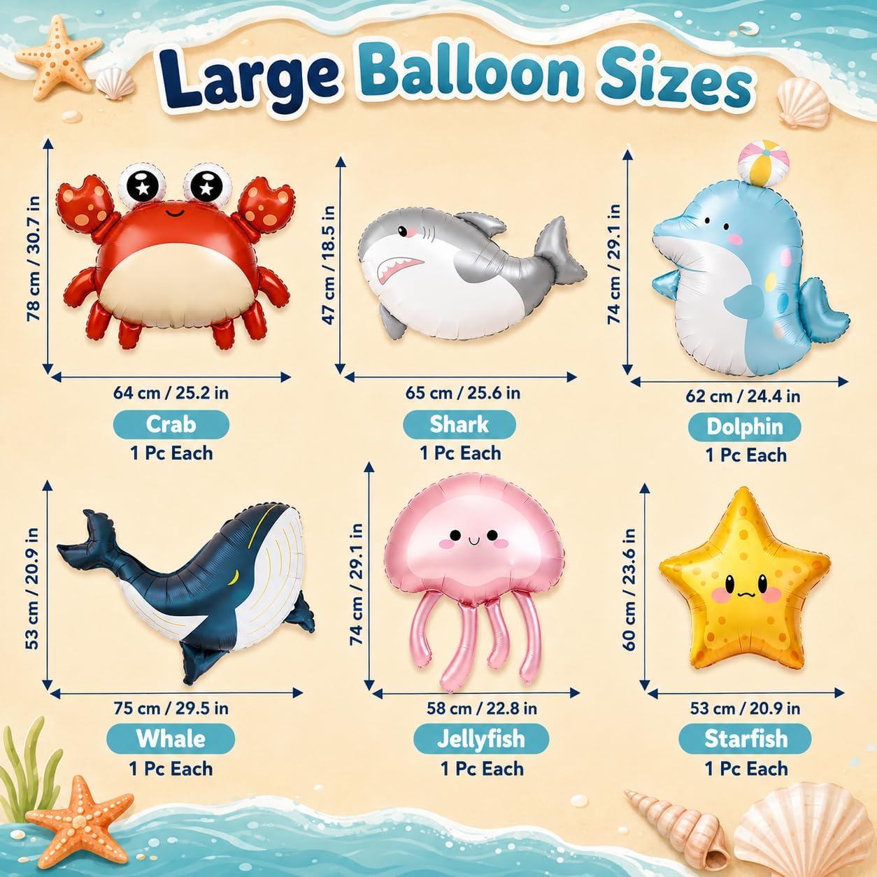 6 Pcs Under The Sea Animal Balloons, Ocean Creature Starfish Shark Blue Whale Jellyfish Crab Dolphins Foil Balloons for Under The Sea Themed Birthday Party Baby Shower Decorations Supplies image 2