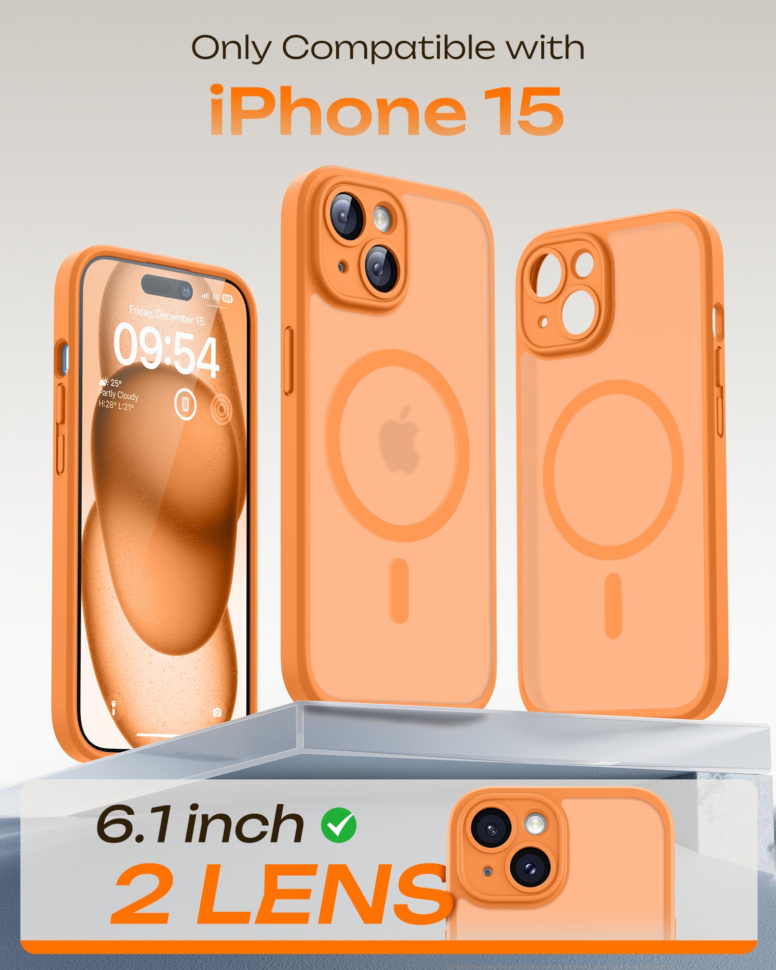 TOCOL Cover Magnetica per iPhone 15 6,1 Pollic, Compatibile con MagSafe, Protezione Fotocamera Integrata, Custodia Antiurto Traslucida Opaca, Arancione