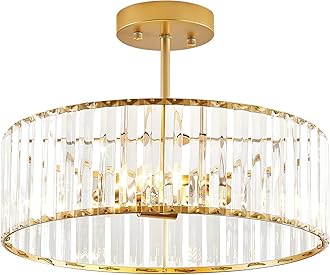 Modern Gold Semi Flush Mount Ceiling Light Crystal 3-Light Light Fixture 15.75 Inch Kitchen Ceiling Lighting for Living Room Bedroom Dining Room Bathroom Entryway (Bulb Not Included)