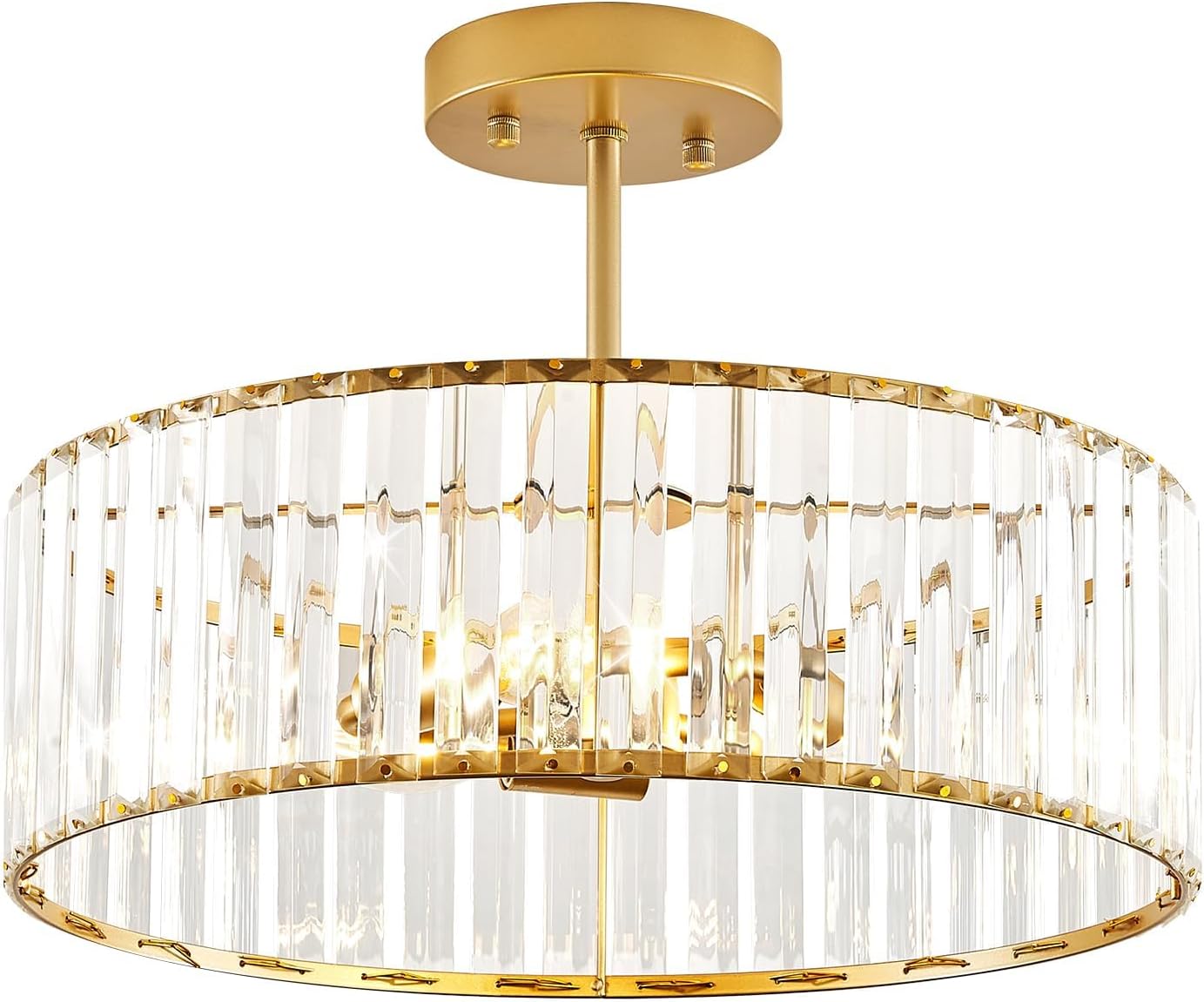 Modern Gold Semi Flush Mount Ceiling Light Crystal 3-Light Light Fixture 15.75 Inch Kitchen Ceiling Lighting for Living Room Bedroom Dining Room Bathroom Entryway (Bulb Not Included)
