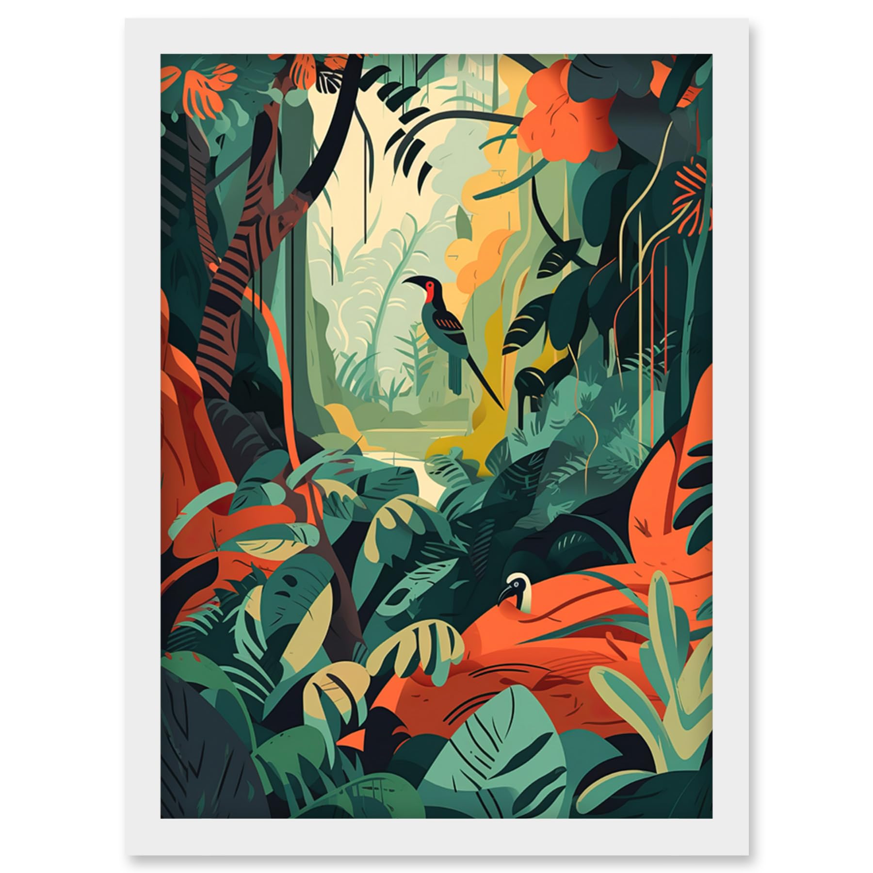 Artery8 Amazon Rainforest Diverse Flora and Tropical Birds Artwork Framed Wall Art Print A4