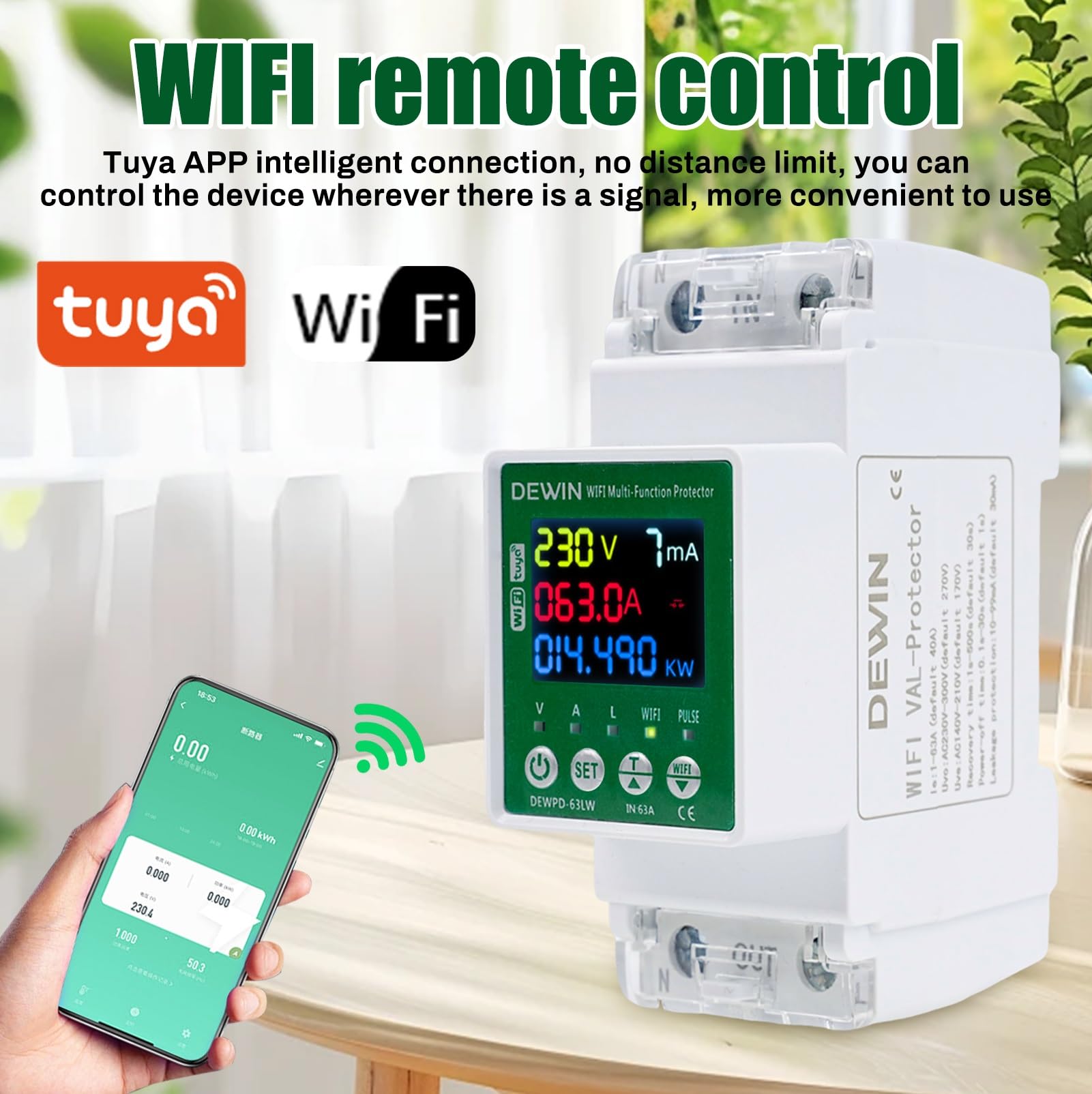 DEWIN Compteur d'électricité DIN Rail WiFi, Intelligent Tuya WiFi AC Compteur avec protection contre les fuites Protection contre les surtensions et les sous-tensions 63A AC 230V