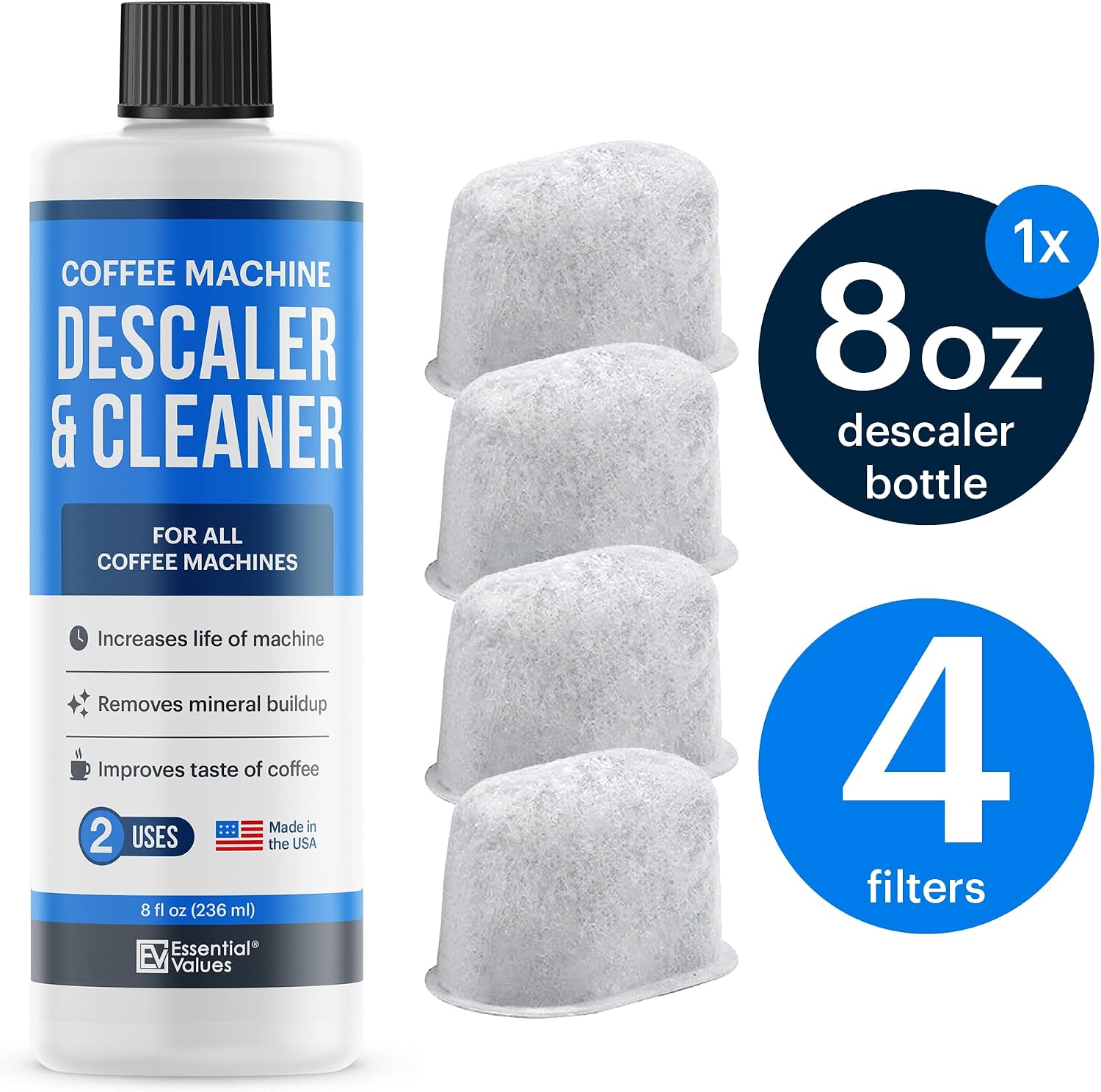 Essential Values Descaler & BONUS PACK Replacement Filters (Brewer Care Kit), Universal Descaling Solution, Decalcifier & Coffee Maker Cleaner (Descaler & 4 Filters)