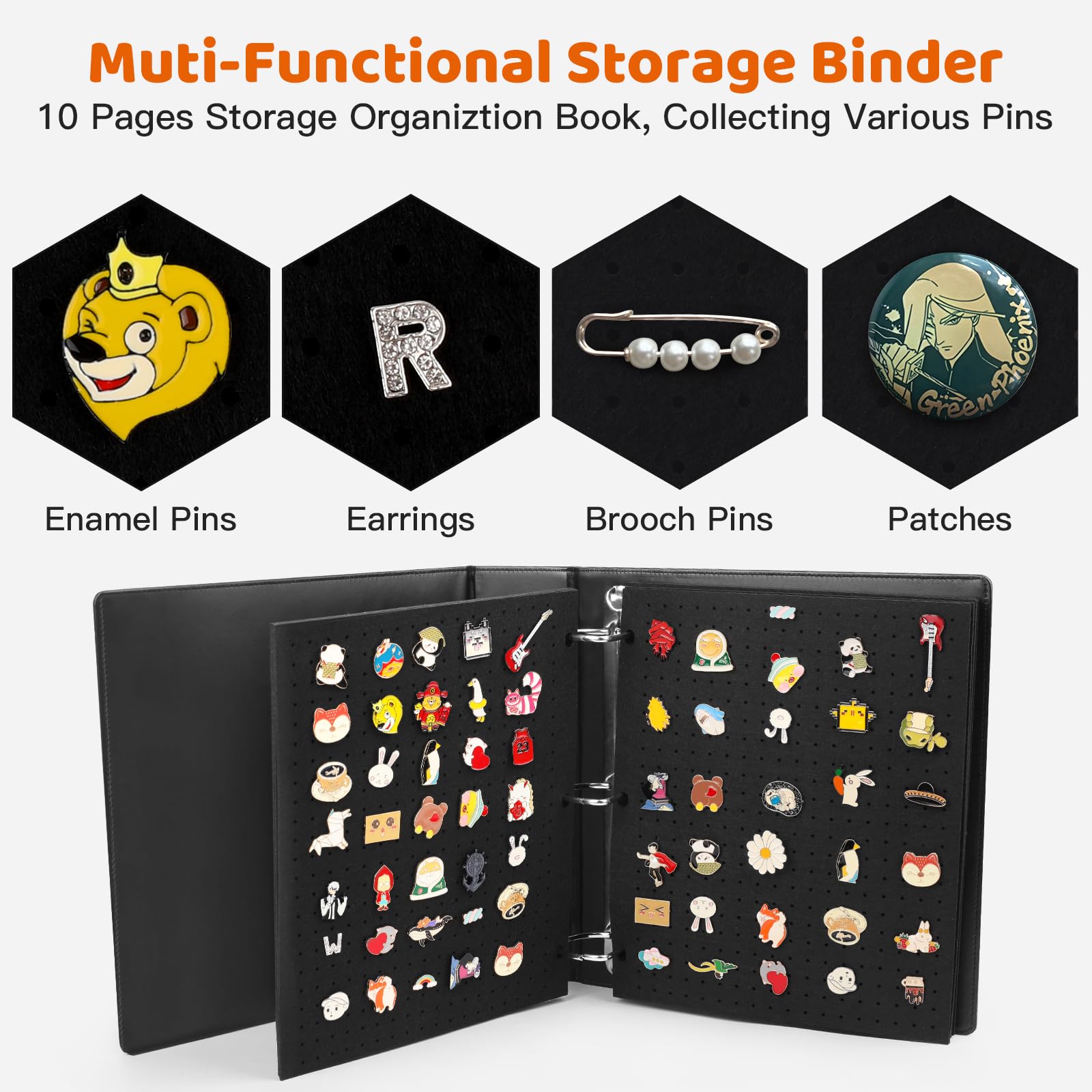 Raccoglitore smaltato con 10 pagine in feltro, porta spilli in pelle PU, organizer per grandi collezioni, raccoglitore a 3 anelli, nero (non include accessori)