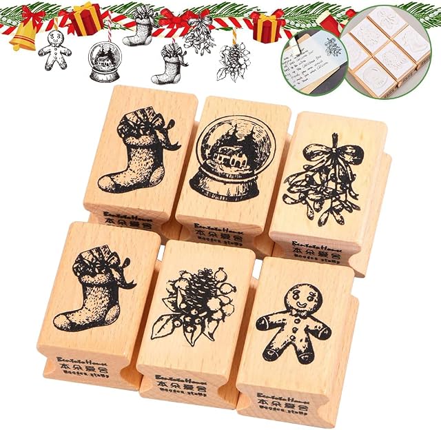 6 Pcs Wooden Christmas Stamps Set, Christmas Stampers Merry Christmas Rubber Stamps for Crafting Card Making, Xmas Stamps Gingerbread Man Decorative Printing Scrapbooks Wrapping Paper Children Kids