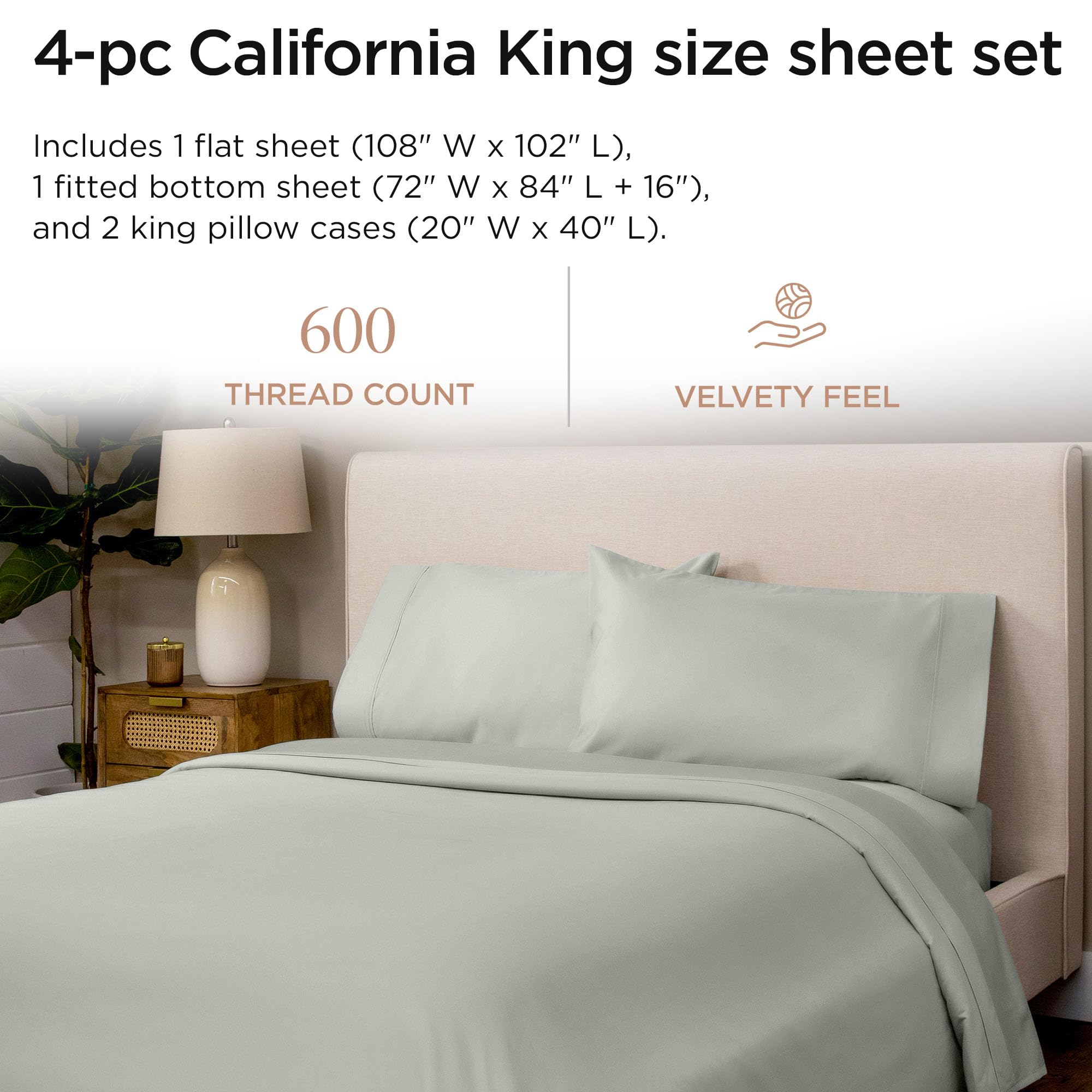 Threadmill Home Linen Prześcieradła California-King - 100% czysta bawełna, gęstość splotu 600, 4-częściowy zestaw pościeli ze srebra satynowego, miękka czesana bawełna ELS, solidne prześcieradła z