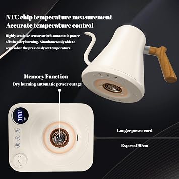 Electric Gooseneck Kettle 0.9L with LCD Display, 304 Stainless Steel Pour-Over Coffee & Tea Hot Water Boiler, Automatic Temperature Control, 1200W Quick Heating Tea Pot White