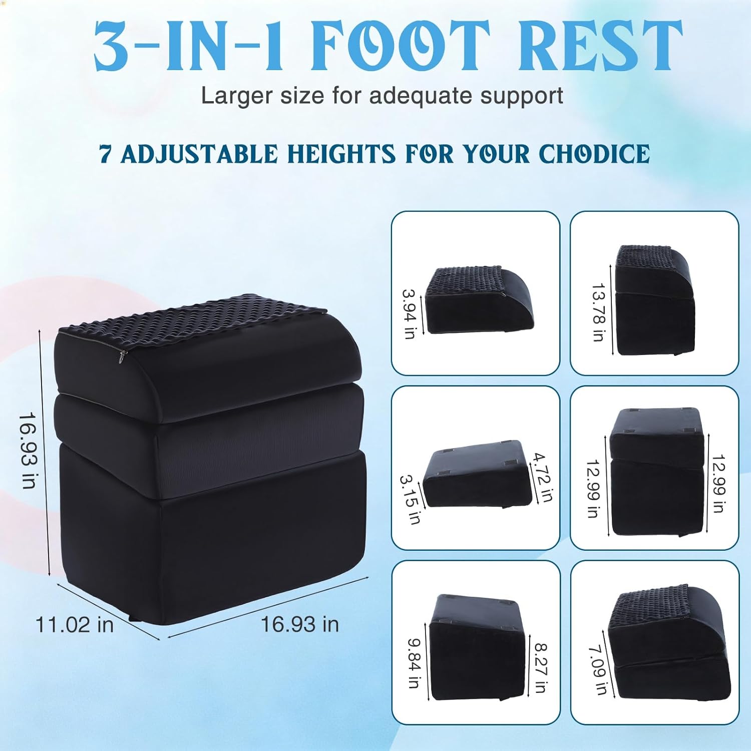 Novabright Foot Rest Under Desk at Work with 3 Adjustable Height, Non-Slip Ergonomic Foot Stool with Gel Top and Warm Pocket for Home Office Car Leg Back Rest(17" X 11" X 17",Cambered,Black)