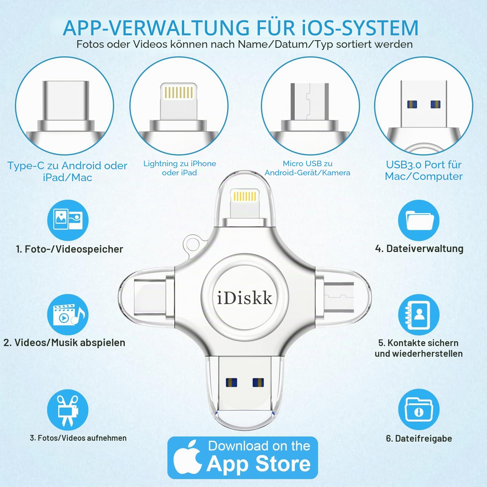 iDiskk MFi-zertifizierter 256GB USB Stick iPhone Externer iPad-Speicher iPhone USB-Flash-Laufwerk Speicherlaufwerk Kompatibel mit dem neuen iPhone iPad Pro USB C Android PC und iOS16