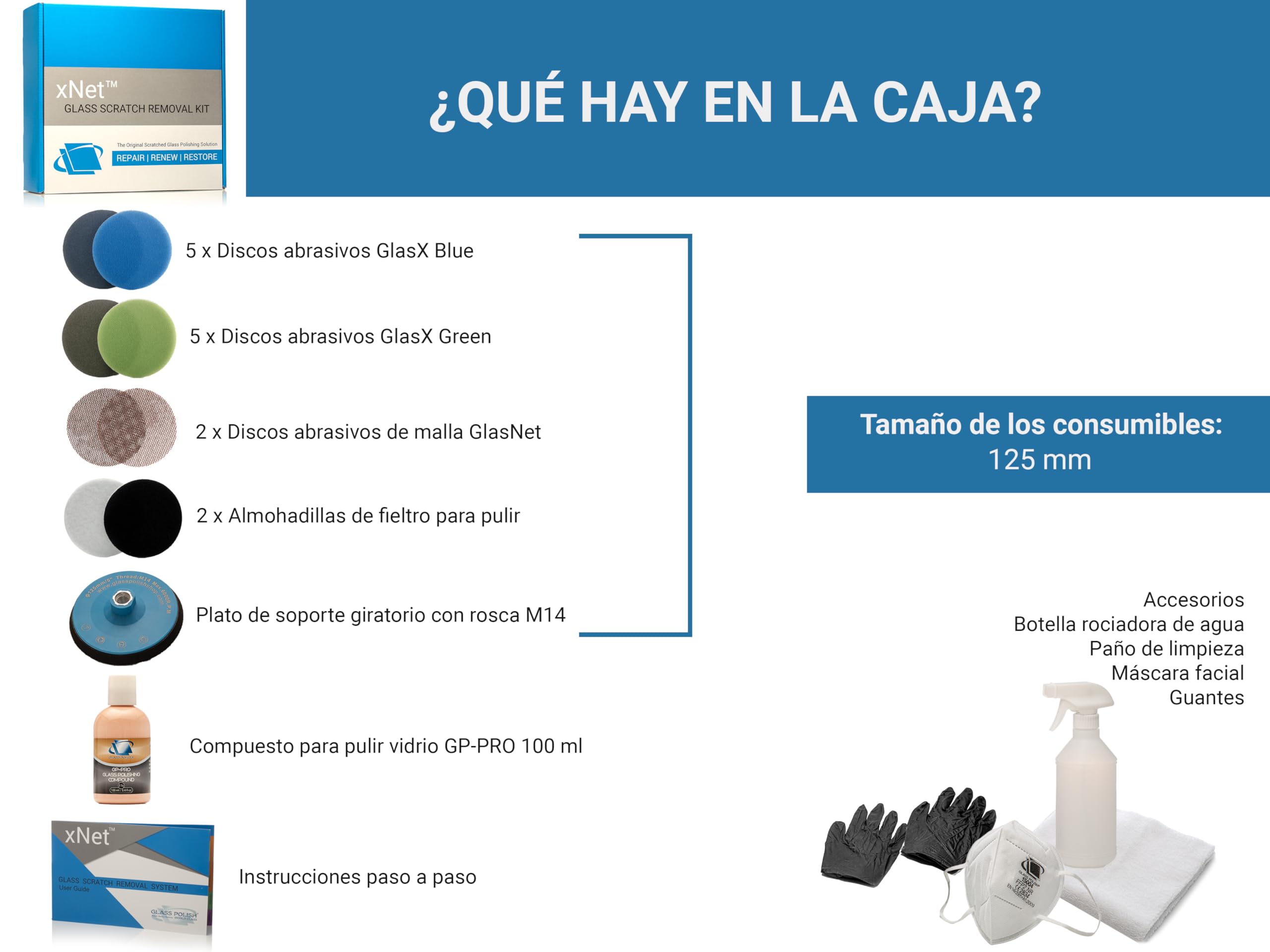 Glass Polish 125mm Pro Kit de Eliminación de Arañazos para Pulido Profesional de Vidrio, Elimina Arañazos, Graffiti, Daños por Agua y Grabado con Ácido, Restaura el Estado Original - GP25022