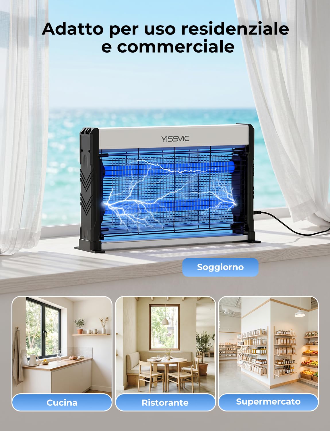 YISSVIC Lampada Antizanzare Elettrica UV LED,2M Cavo di Alimentazione,Catena Sospensione,Cassetto Raccogli Insetti Lavabile,Sicuro per Uomini e Animali,per Interni Casa