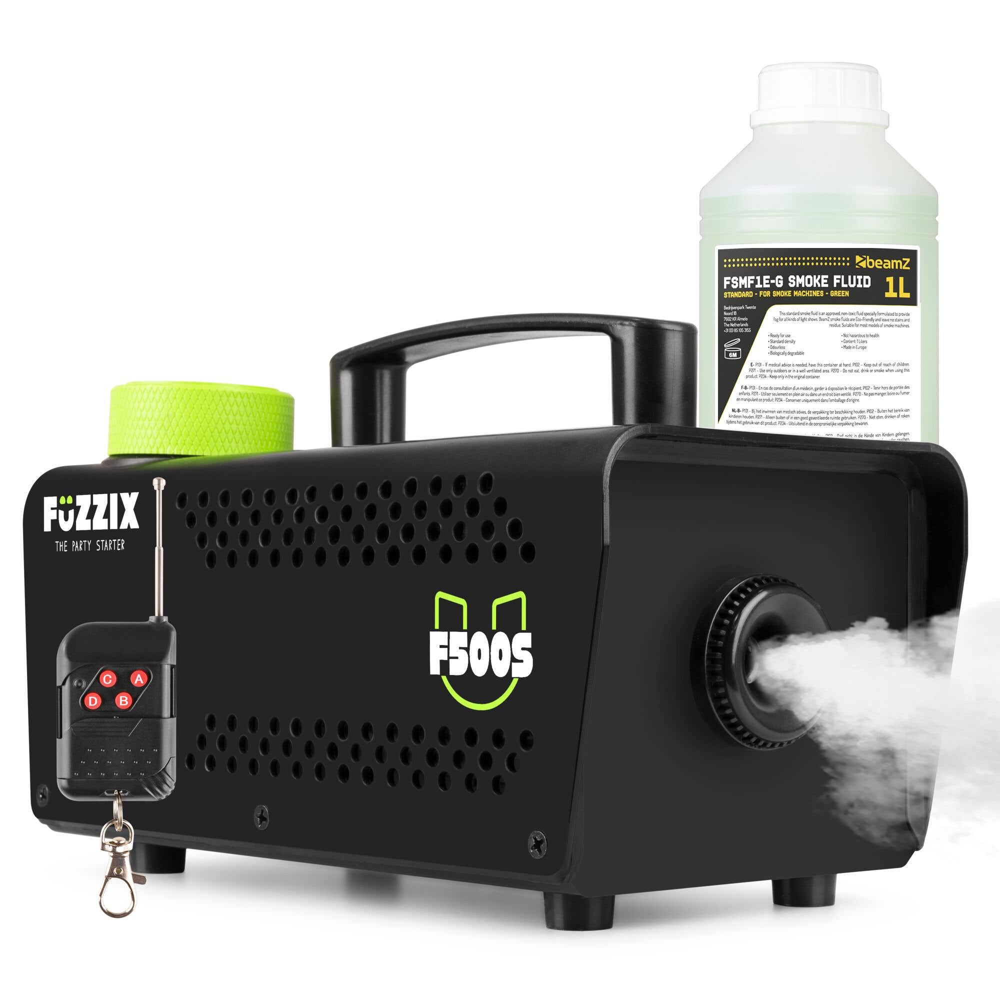 Fuzzix F500S - Máquina de humo 500W con control remoto, 50 m³/min, calentamiento rápido en 2,5 min, depósito 250 ml, incluye 1L de líquido, ideal para fiestas, DJs y eventos