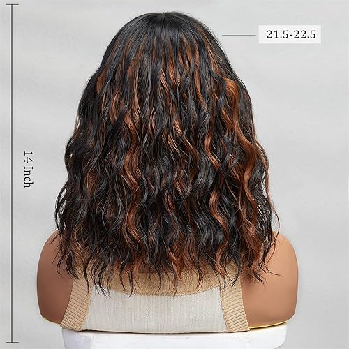 Miniatura 6 de Peluca negra con reflejos, longitud hasta el hombro, pelucas onduladas negras con flequillo para mujer, encantadoras pelucas de cabello sintético