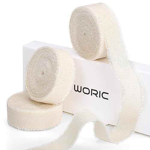 woric White Cotton Ribbon 5/8 Inch x 18Yards 3 Rolls Ivory Ribbon Handmade Frayed Fringe Ribbons for Gift Wrapping DIY Crafts Bridal Bouquets Wedding Invitation Valentine's Day Home Decorations