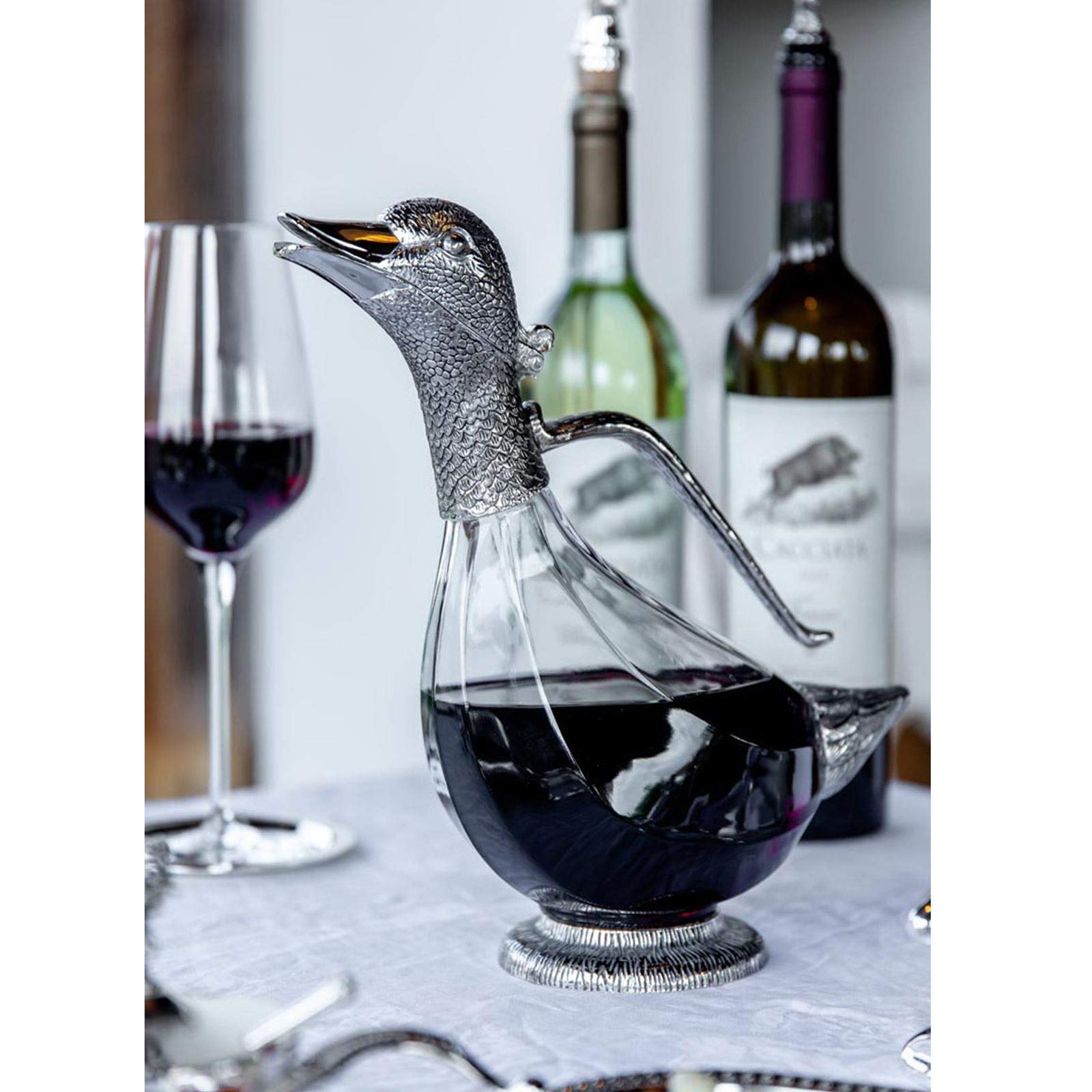 hochwertiger Wein-Dekanter 1 Liter - edle Design Wein-Karaffe aus Glas - mit versilbertem Griff und Ausgießer - Dekantier in Enten-Form