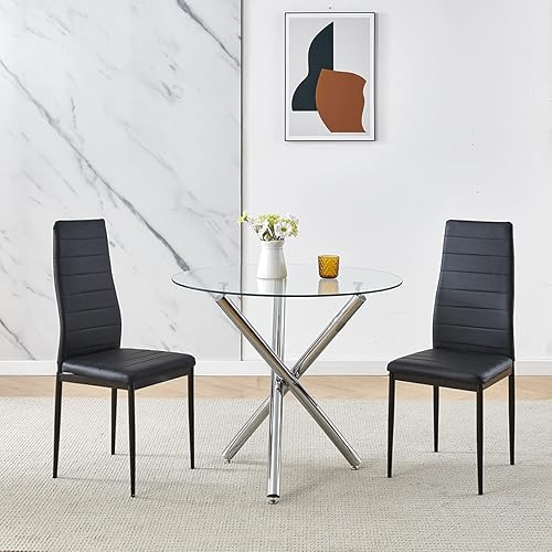 Moderno juego de mesa de comedor y silla mesa de comedor redonda de vidrio de 354 pulgadas con 2 sillas de comedor de cuero de PVC negro juego de