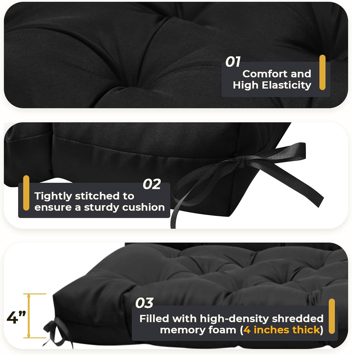 Porch Swing Cushions with Backrest, Waterproof Swing Cushions Replacement for Outdoor Patio Furniture, 2-3 Seater Outdoor Swing Bench Cushions Replacement with Ties (Black, 60x40 Inches)