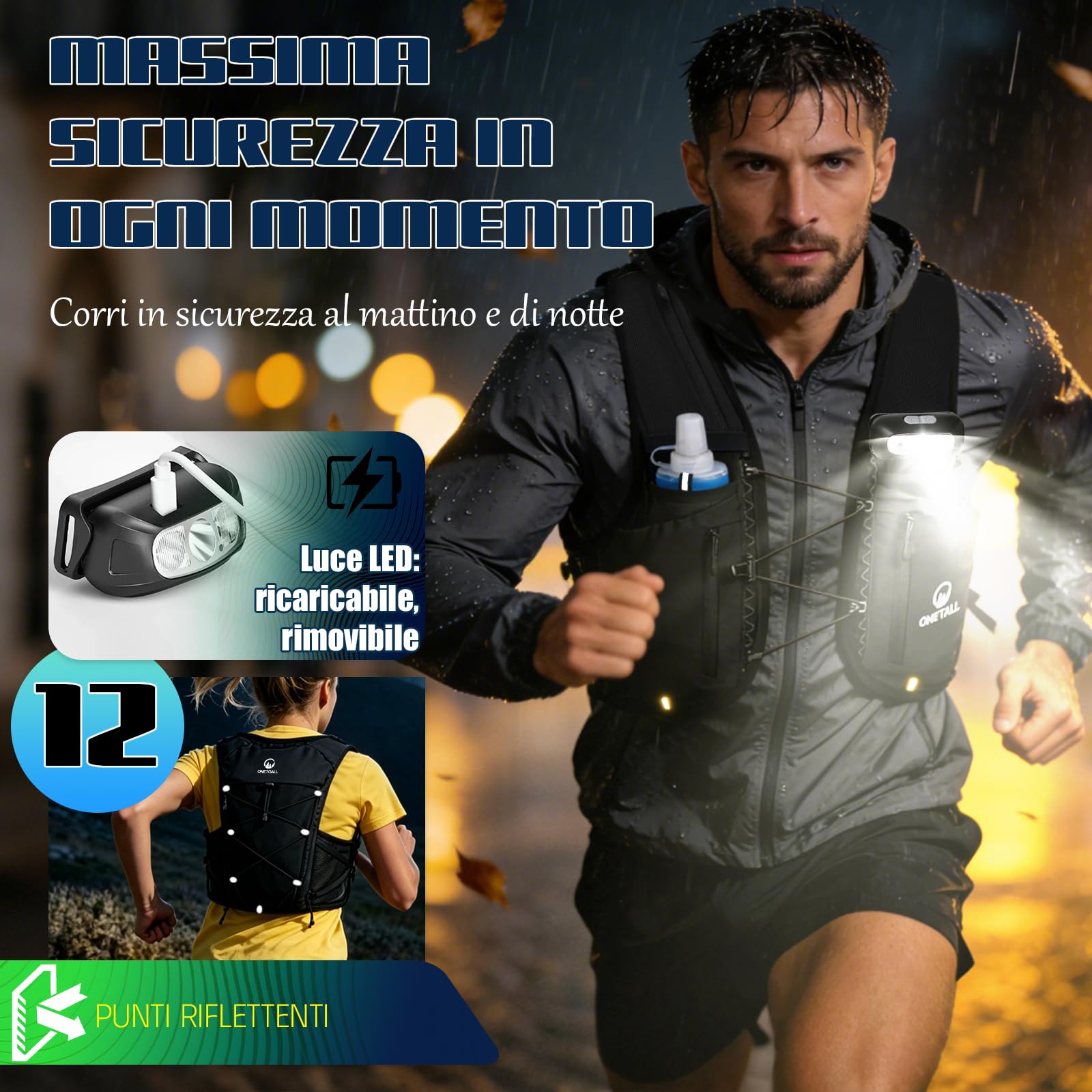Gilet Running Uomo Donna, Zaino Trail Running, Running Vest con 2 Borraccia Morbida 500ml y Luce LED Ricaricabile, Gilet Corsa per Marathon Trekking Ciclismo Sci, Ultraleggero e Traspirante
