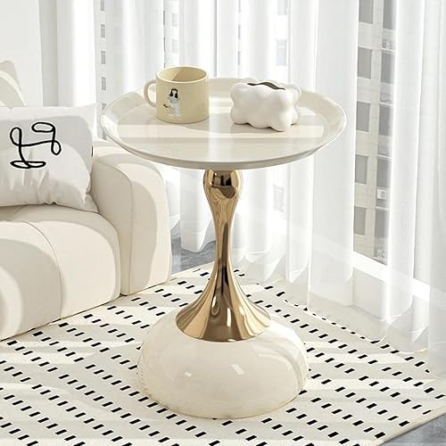 Mesa auxiliar redonda moderna con base de pedestal dorada, parte superior de metal negro, mesa auxiliar decorativa para sala de estar (blanco)