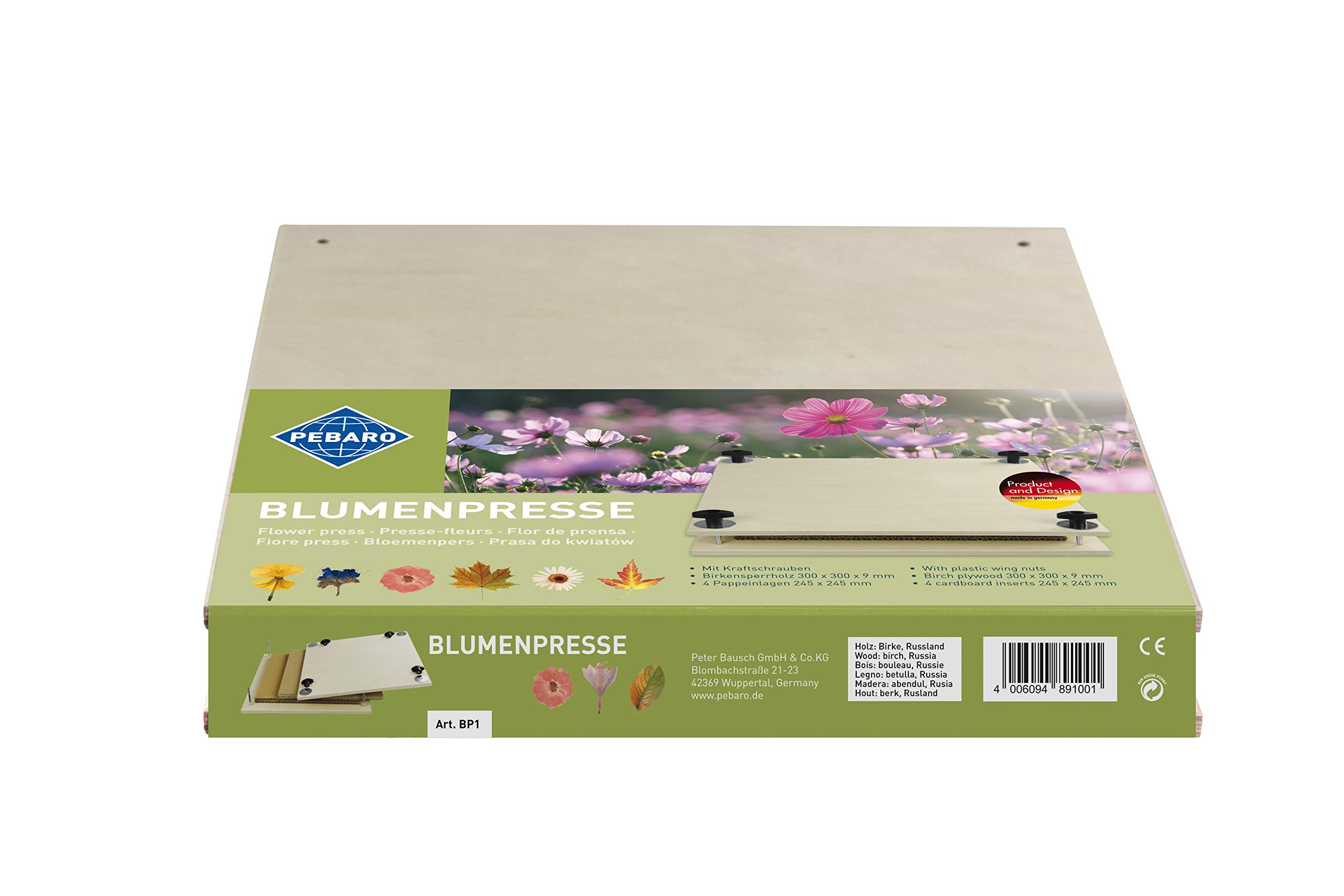 PEBARO BP1 Blumenpresse, hochwertiges Birkensperrholz 9 mm, mit 4 Pappeinlagen, 30 x 30 cm, sehr stabil, Blattpresse, Blütenpresse, Made in Germany, das Holz lässt sich auch bemalen, Mittel